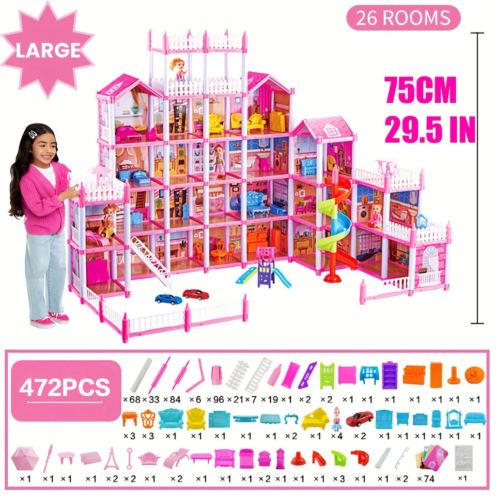 Dollhouse Princess Castle with Furniture – 11 to 27 Room Doll Villa Play Set for Girls Logical Thinking Toy Birthday Christmas Gift Kids Ages 3+ Pink Blue