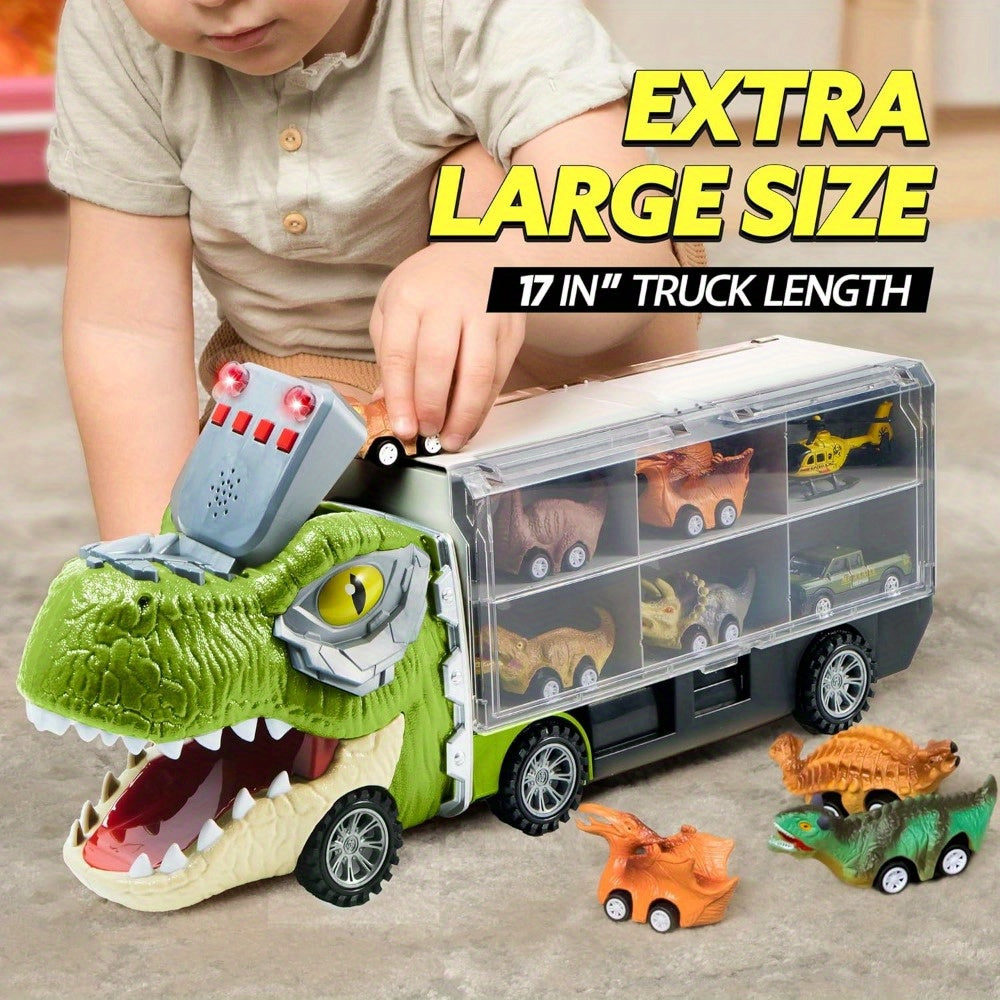 Dinosaur Truck Toy Set 13-in-1 for Kids – Transport Carrier with Sound & Lights, 12 Pull-Back Dino Cars & Helicopter, Birthday Gift for Boys Ages 3 4 5