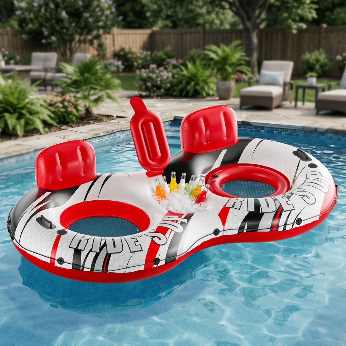 Inflatable Water Float Tube 2-Person 93 Inch 660lb Capacity Heavy Duty Pool River Lake Floating Lounge with Backrest Cooler & Cup Holders – Outdoor Summer Water Leisure