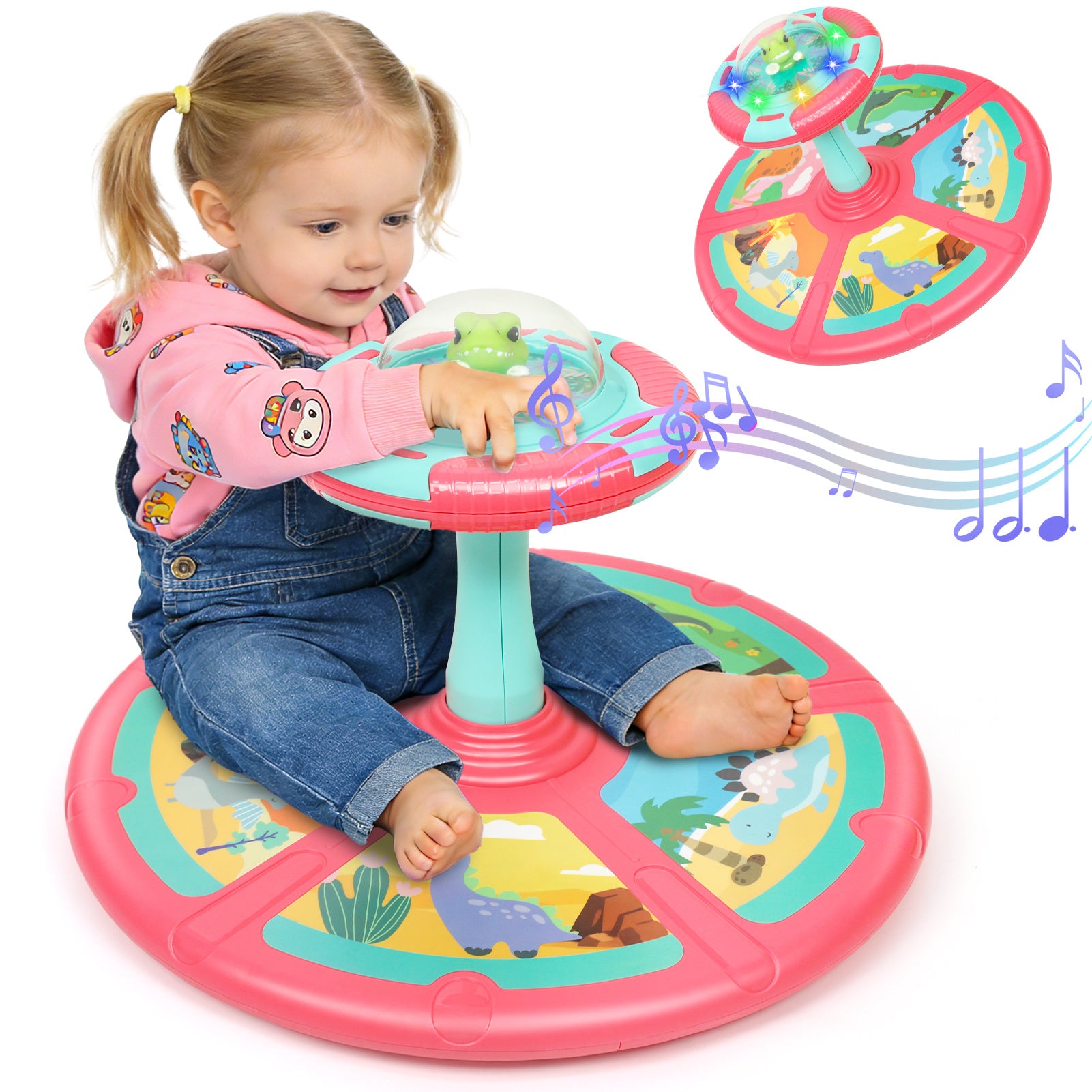 Dinosaur Sit and Spin Toy for Toddlers 18M+ – 360° Spin Seat with Music, Indoor Interactive Sensory Toy, Supports Balance & Motor Skills, Birthday Gift for Boys Girls, Planet & Pink