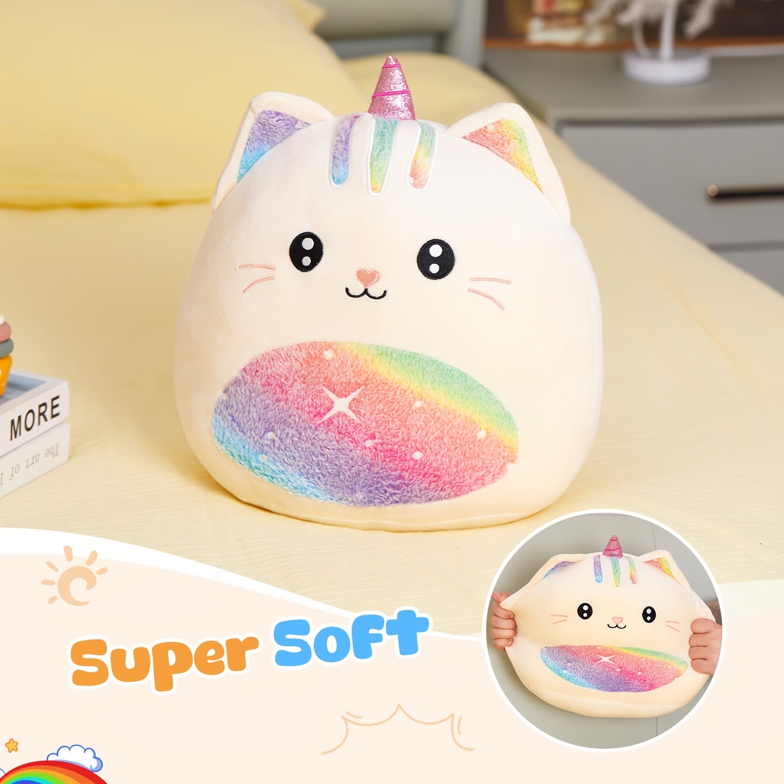 Rainbow Unicorn Kitty Plush Stuffed Pillow - Unicorn Cat Stuffed Animal for Room Decor, Fantasy Playroom Decor, Birthday Mother's Day Gift for Kids Girls Women Friends