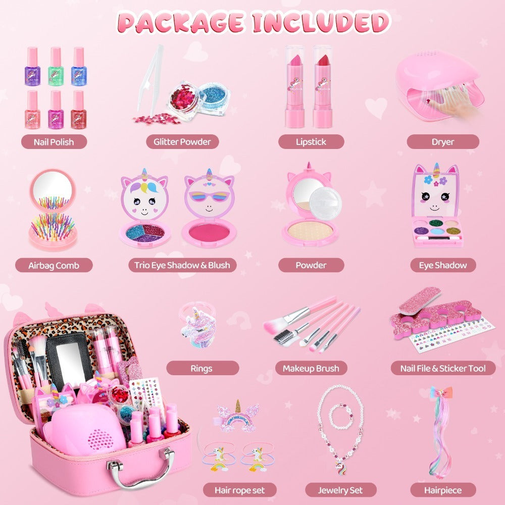 Kids Makeup Set for Girls – Non-Toxic Washable Pretend Cosmetic Kit with Nail Polish, Jewelry & Hair Accessories, Princess Dress-Up Gift Ages 3-8