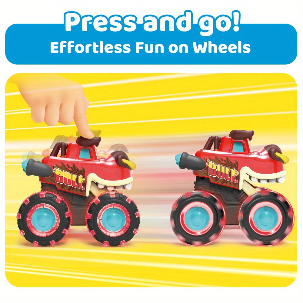 Monster Truck Toys for Toddlers 3 Pack – LED Light-Up Animal Trucks with Press & Go, Chomping Action – Shark, Bull & T-Rex Glow Cars, Easter Birthday Gift for Boys & Girls Ages 1.5+