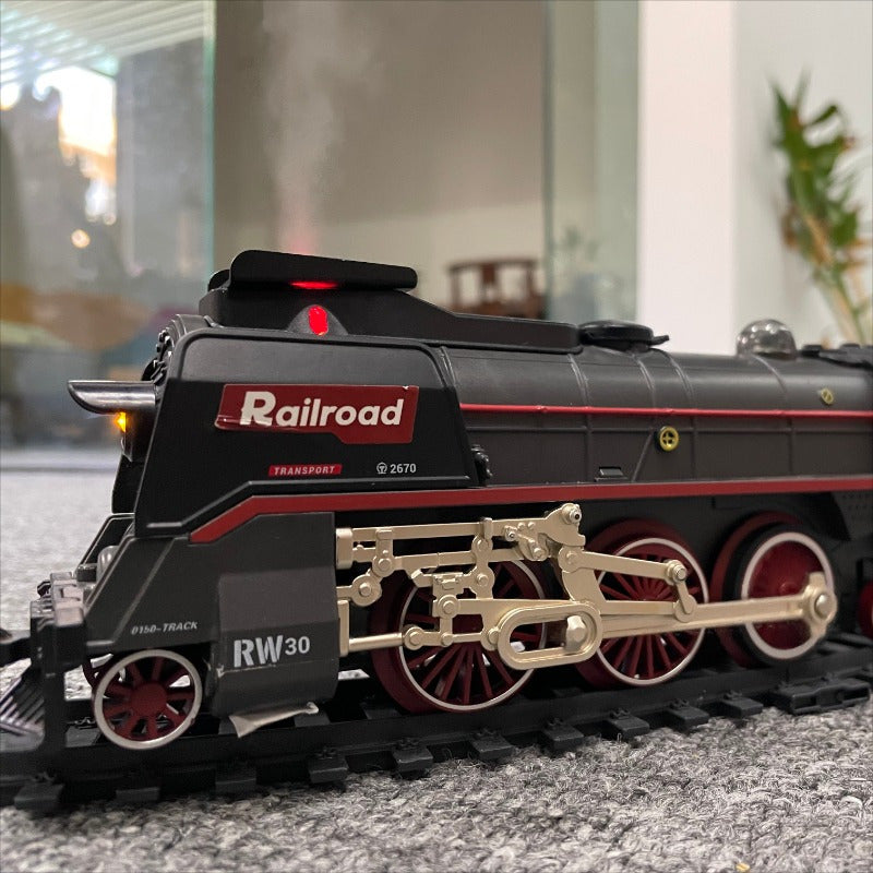 T627A Retro Steam Train Set with LED Lights, Smoke Spray & Realistic Sound Effects – 7-Piece USB Rechargeable Electric Train Toy Gift