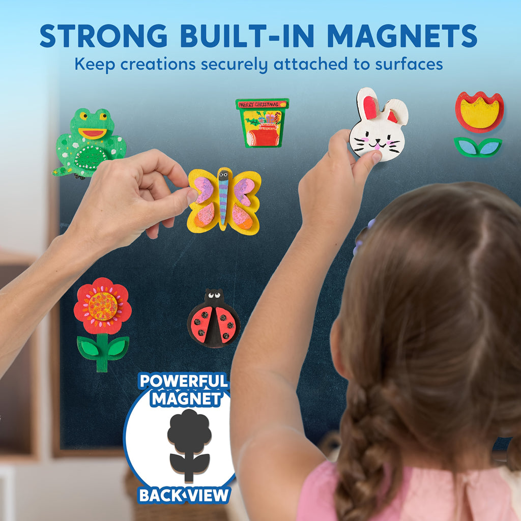 12 Wooden Magnet Painting Kit for Kids – DIY Arts & Crafts Set with Paint, Brush & Glitter Glue, Decorate Your Own Fridge Magnets, Easter Basket Stuffer, Birthday Party Favor for Boys Girls Ages 3+