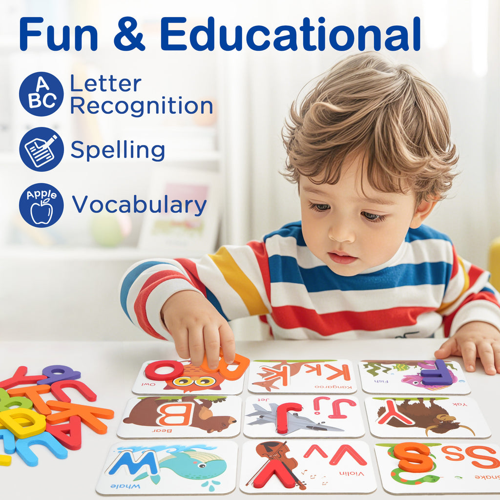 Wooden Alphabet Flash Cards & Letter Puzzle Matching Game for Kids Ages 3+ – Durable ABC Educational Toy for Letter Recognition, Spelling & Early Literacy Learning
