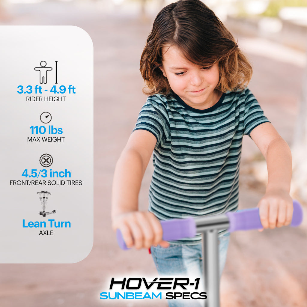 Hover-1 Sunbeam Kids Kick Scooter with Multicolor LED Wheel Lights – 3-Wheel Adjustable Height, 110 lb Capacity, Rear Foot Brake for Boys & Girls
