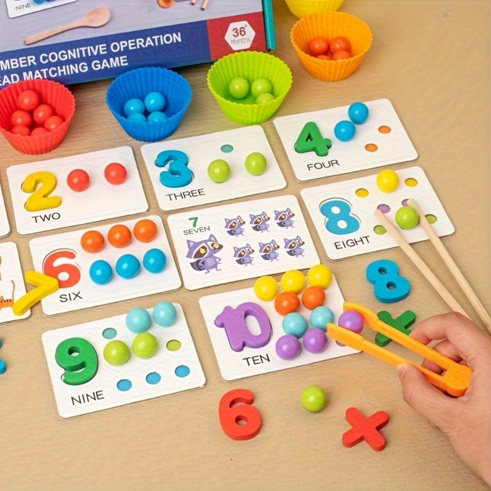 Colorful Wooden Bead Counting Set with Tweezers, Number Puzzle & Matching Cards – Fine Motor Skills Toy for Toddlers, STEM Learning Gift for Kids Ages 3+
