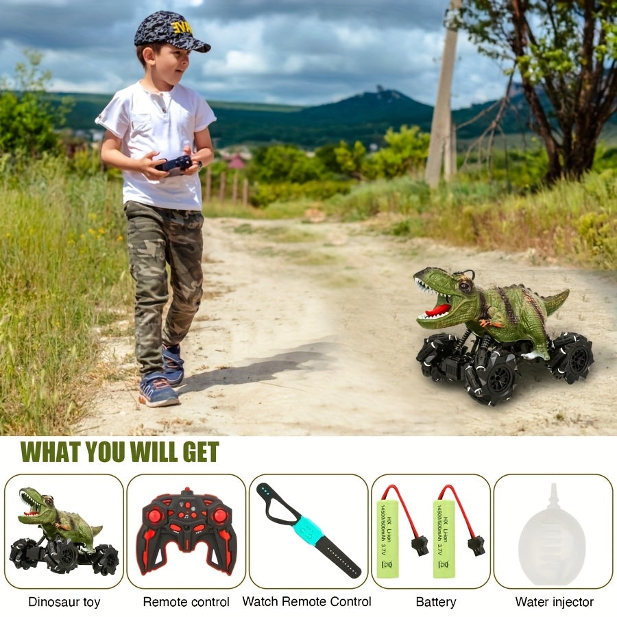 4WD Dinosaur Monster Truck RC Car with LED Lights Music & Ergonomic Handle - 2.4GHz All-Terrain Off-Road Remote Control Stunt Car Large Tires for Kids Boys Girls Birthday Gift