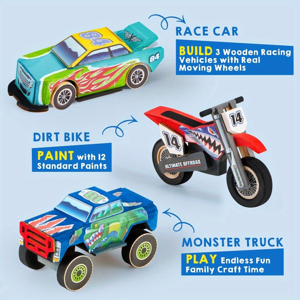 Build & Paint Your Own Wooden Race Car Craft Kit 144 Pieces with Race Car Motorcycle Monster Truck 12 Paint Colors Decals STEM Toy Gift for Kids Boys