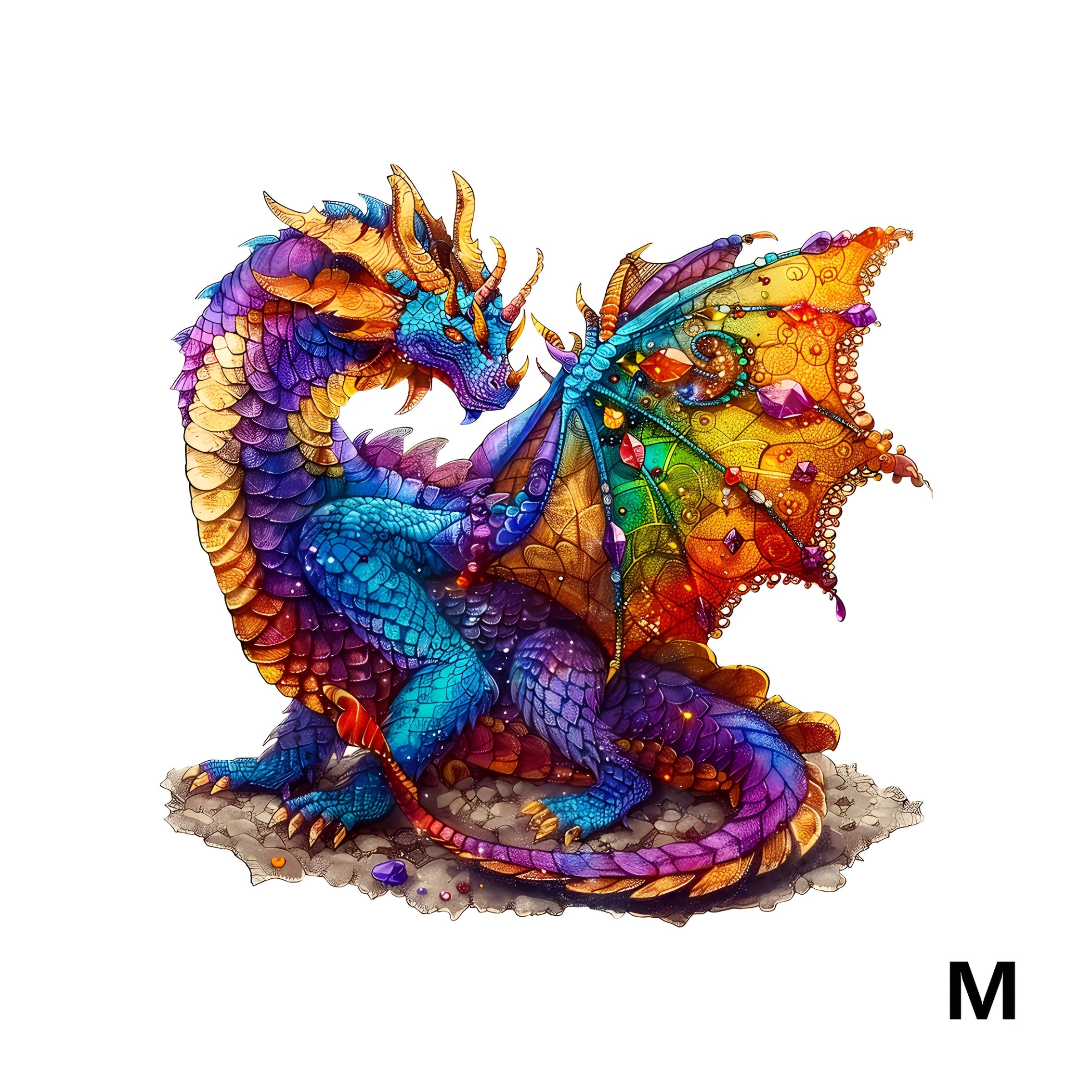 Dragon Wooden Jigsaw Puzzle Irregular Animal Shaped – Colorful Fantasy Gemstone Design, Unique Non-Repetitive Pieces, Brain Teaser Gift for Adults Kids, Home Decor Family Game S/M/L