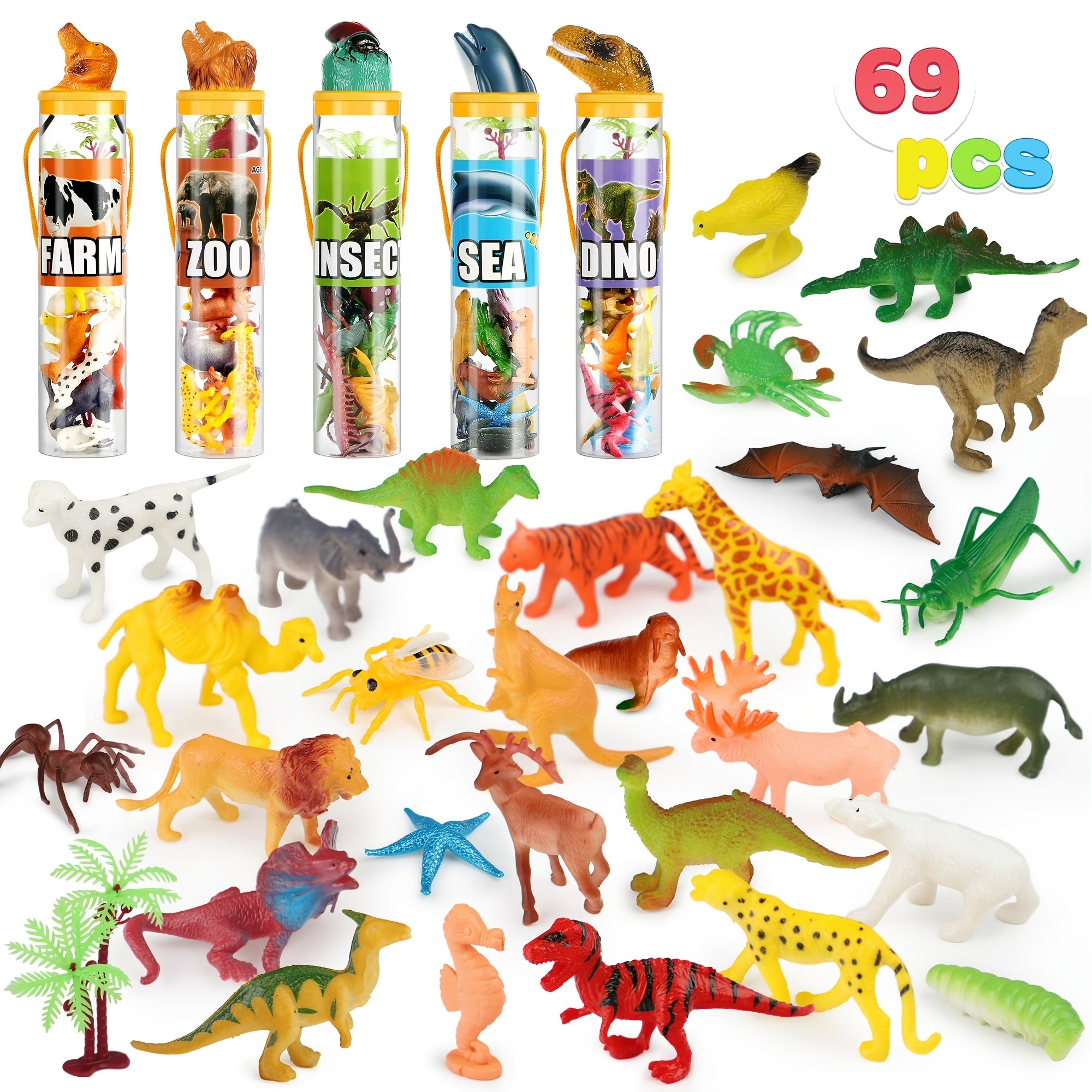 69pcs Animal Figures Toy Set for Kids – Jungle Zoo Ocean Farm & Dinosaur Figurines with Sensory Bin – Educational STEM Toy – Birthday Party Favor & Gift for Boys & Girls Ages 3+
