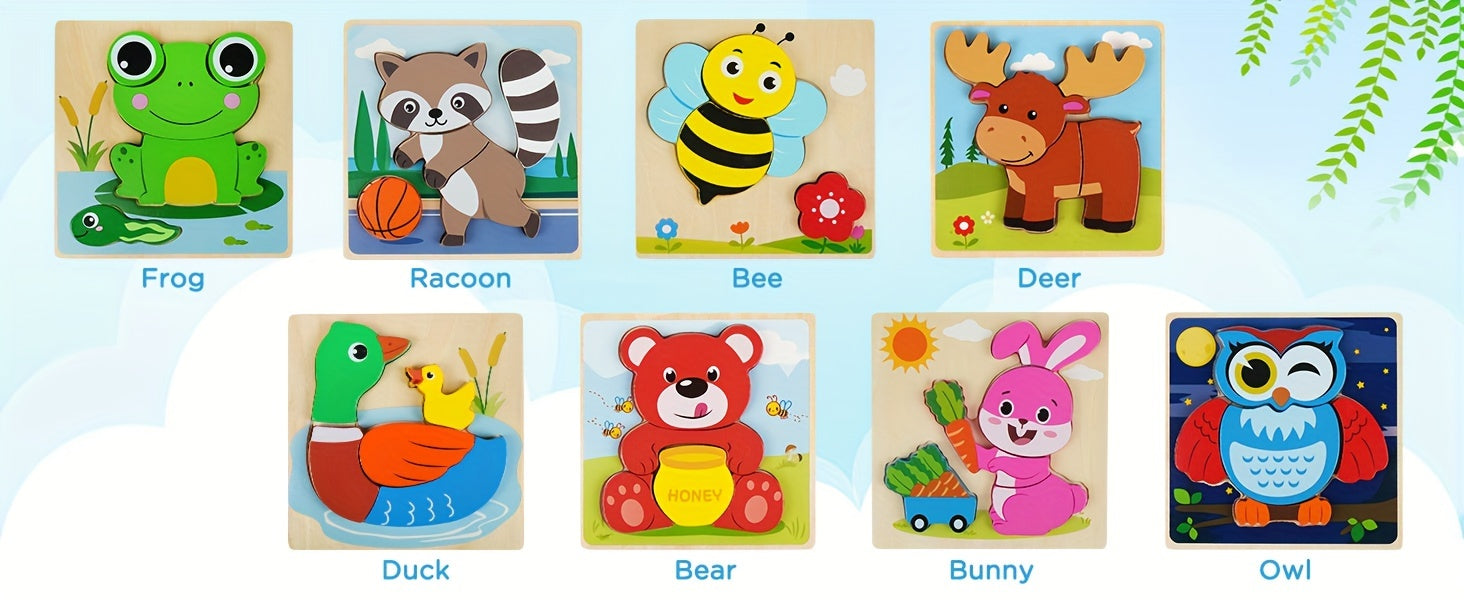 Animal Wooden Puzzle Set for Toddlers 8 Pack – Baby Jigsaw Puzzles Ages 12M+, Color & Shape Learning Toy for Boys Girls, Preschool Educational Gift for Christmas Birthday Thanksgiving