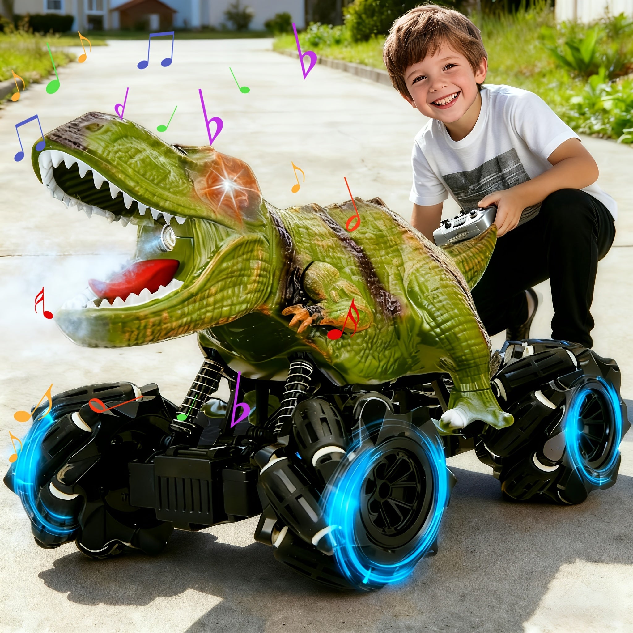 Dinosaur RC Stunt Car with Lights Sounds & Spray - Monster Truck Remote Control Toy for Boys Girls Kids All-Terrain Indoor Outdoor Fun Birthday Easter Gift