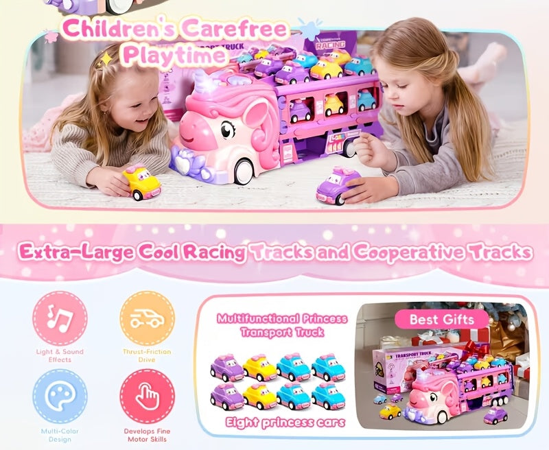 Pink Monster Truck Track Set with 8 Princess Cars – Light & Sound Friction Power, 2-Player Fold-Out Race Track Toy for Girls Boys Ages 3 4 5