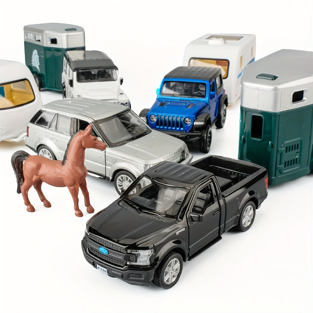 Die-Cast Pull Back Car with Horse Trailer 1:36 Scale Zinc Alloy Toy Vehicle Set, Openable Doors, Gift for Kids Boys Adults