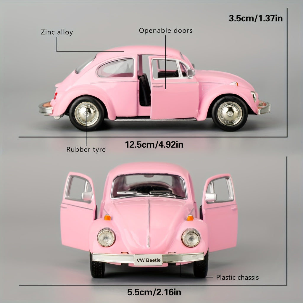 Pull Back Volkswagen Beetle Toy Car 1:36 Scale – Zinc Alloy Die-Cast Retro VW Bug with Openable Doors, Kids Gift for Boys & Girls, Pink & Yellow