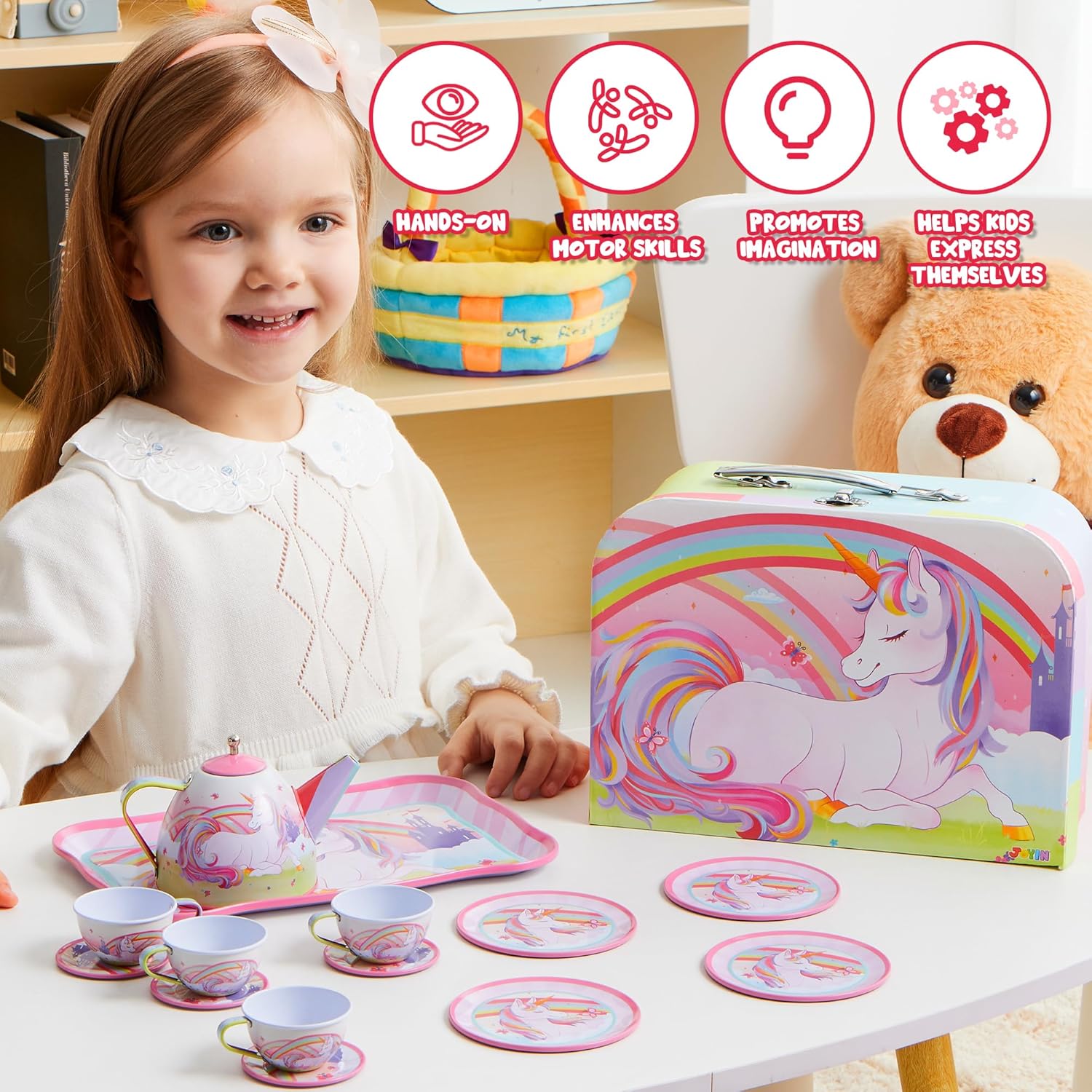 Unicorn Tea Party Set for Girls 15 Pcs Pretend Play Pink Tin Teapot Set with Carrying Case Toddler Tea Set Birthday Christmas Gift Ages 3 and Up