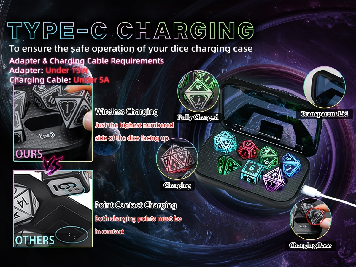 LED DND Dice Set with Wireless Rechargeable Charging Case 7 Polyhedral Glowing Dice – D4 D6 D8 D10 D12 D20 D100 for RPG Tabletop Games, Clear Numbers, 6Hr Battery, Christmas Halloween Gift