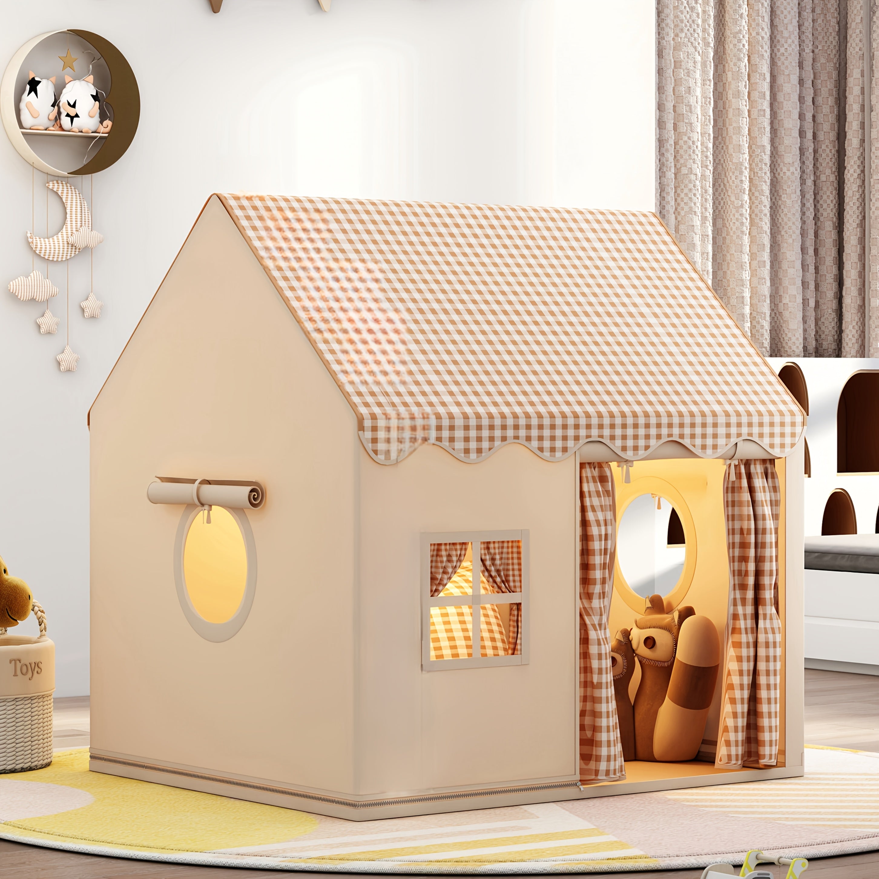 Kids Play Tent Indoor Outdoor, Cabin Style Polyester Playhouse for Boys Girls Ages 3+, Cozy Kids Fort for Role Play Pretend Games Reading Nook Home Decor, Birthday Christmas Holiday Gift (Lights Not Included)