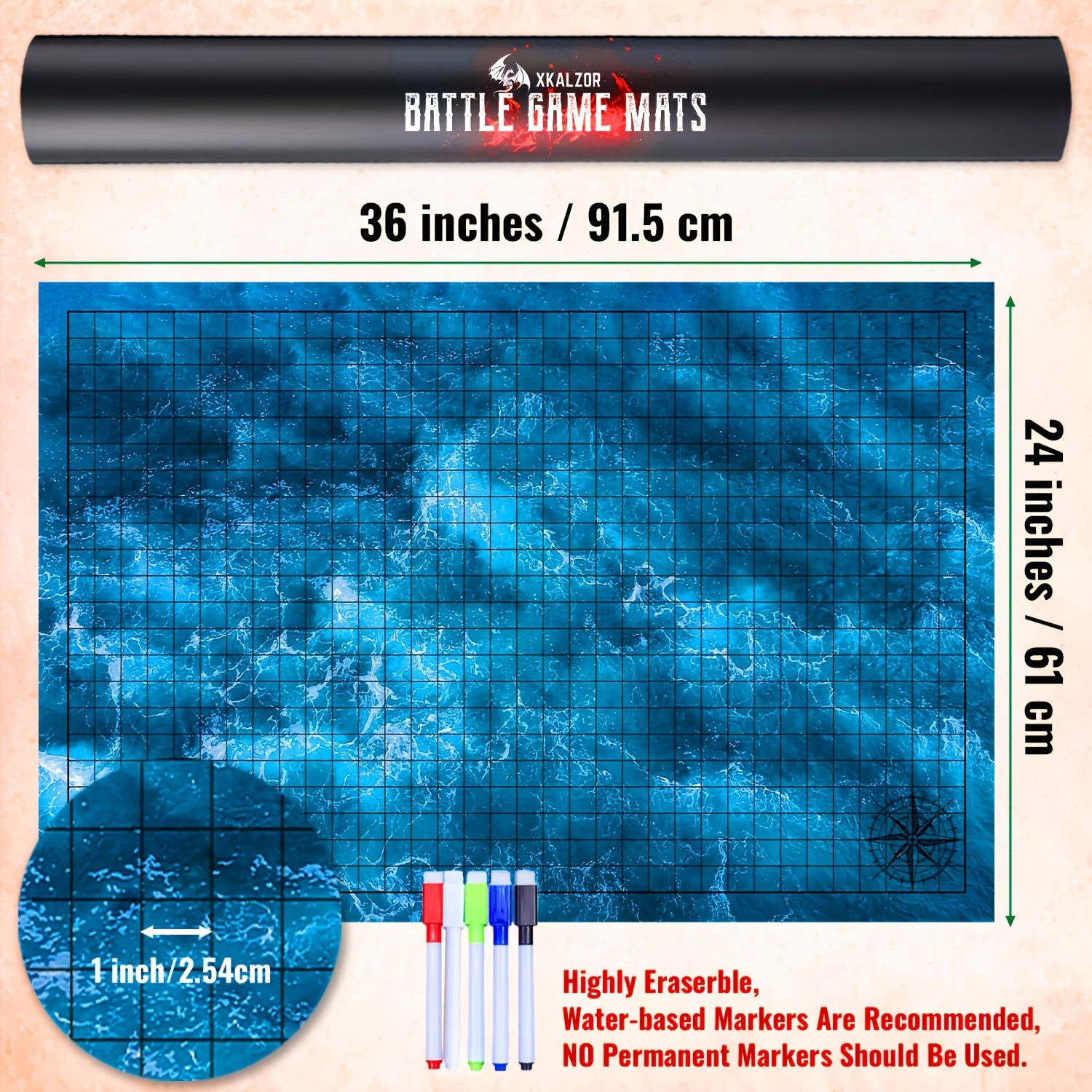DnD Battle Map 3-Pack 24x36" Dry Erase Mats – 6 Double-Sided Terrain Grids with Lay-Flat Clips, Shoulder Bag & Dice Accessories for D&D 5e Pathfinder TRPG