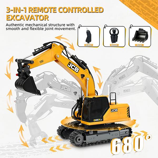 3-in-1 RC Excavator Toy, 14-Channel Remote Control Construction Vehicle with Drill Bit, Grab Bucket, Digging Hook, Lights and Sounds for Kids and Adults
