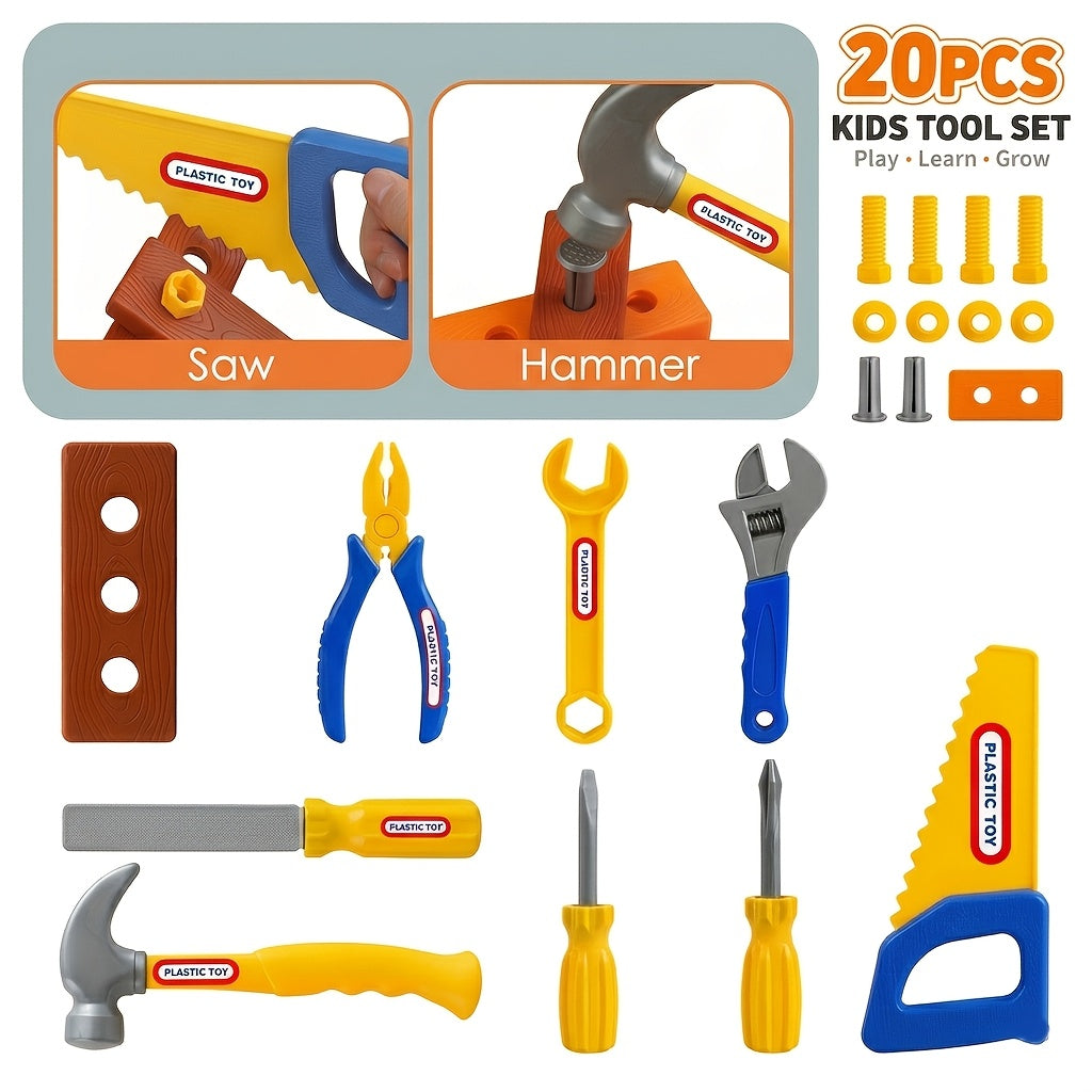 20-Piece Kids Toy Tool Box Set with Screwdriver & Simulation Tools – Pretend Play Builder Gift for Boys & Girls