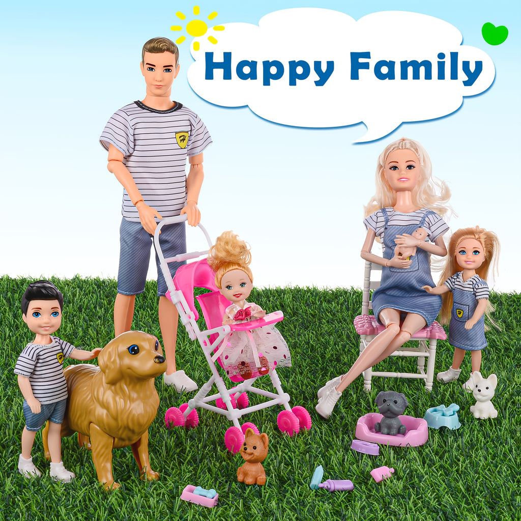 Family Doll Playset 6 Dolls with Pregnant Mom Dad Kids 3 Puppies Big Dog Handcart & Accessories – Poseable PVC Changeable Clothes Imaginative Role Play Gift for Kids Ages 3+