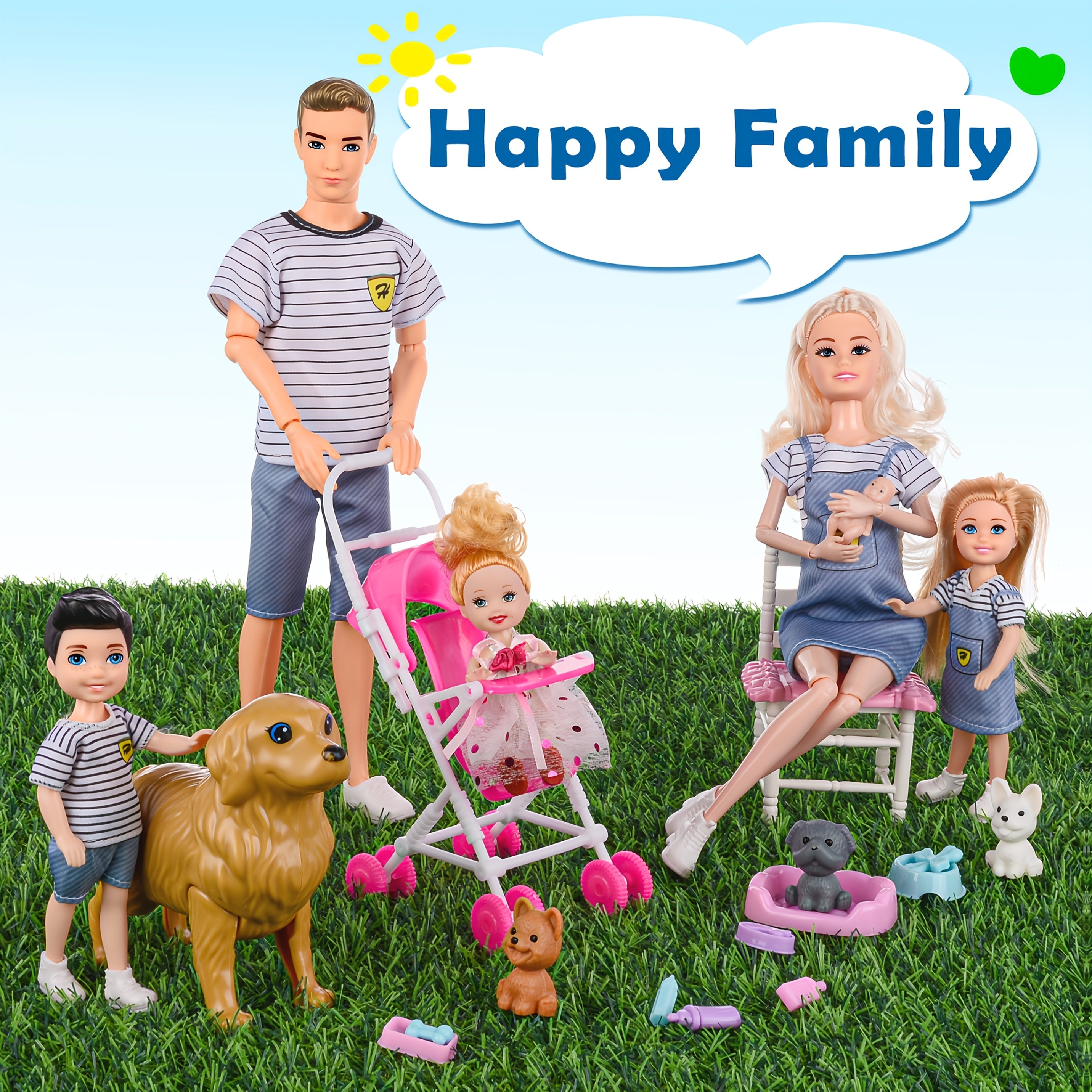 Family Doll Playset 6 Dolls with Pregnant Mom Dad Kids 3 Puppies Big Dog Handcart & Accessories – Poseable PVC Changeable Clothes Imaginative Role Play Gift for Kids Ages 3+