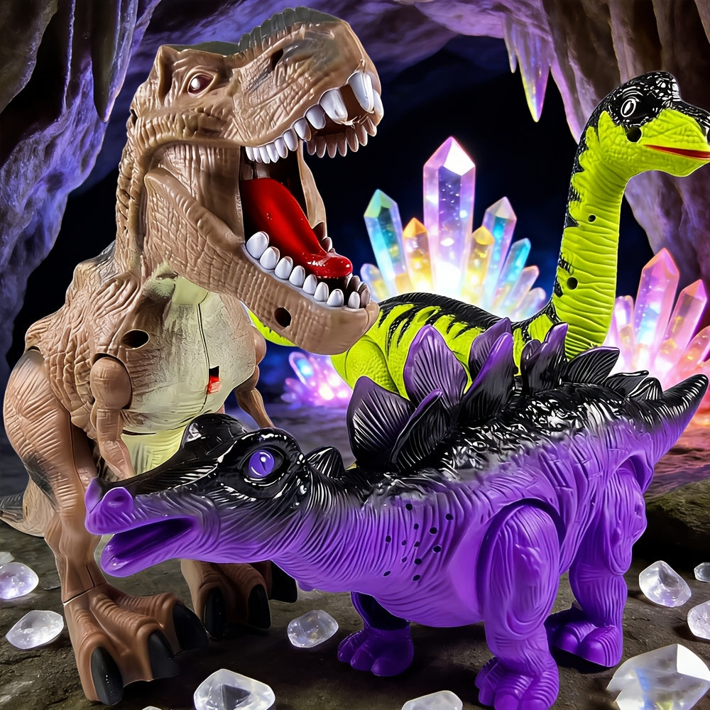 Electric Walking Dinosaur Toy Set 3-Pack with Sound & Light – T-Rex, Brachiosaurus & Stegosaurus Jurassic Dino Figures – Birthday & Christmas Gift for Boys Ages 3-7