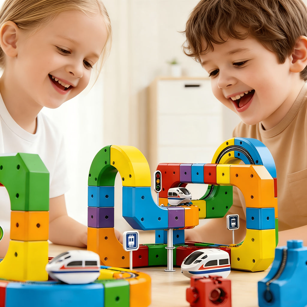 3D Gravity Magic Track Train Set DIY Deformable Racing Track STEM Building Toy with Blocks Traffic Lights for Kids Ages 3 4 5 Indoor Outdoor Birthday Gift