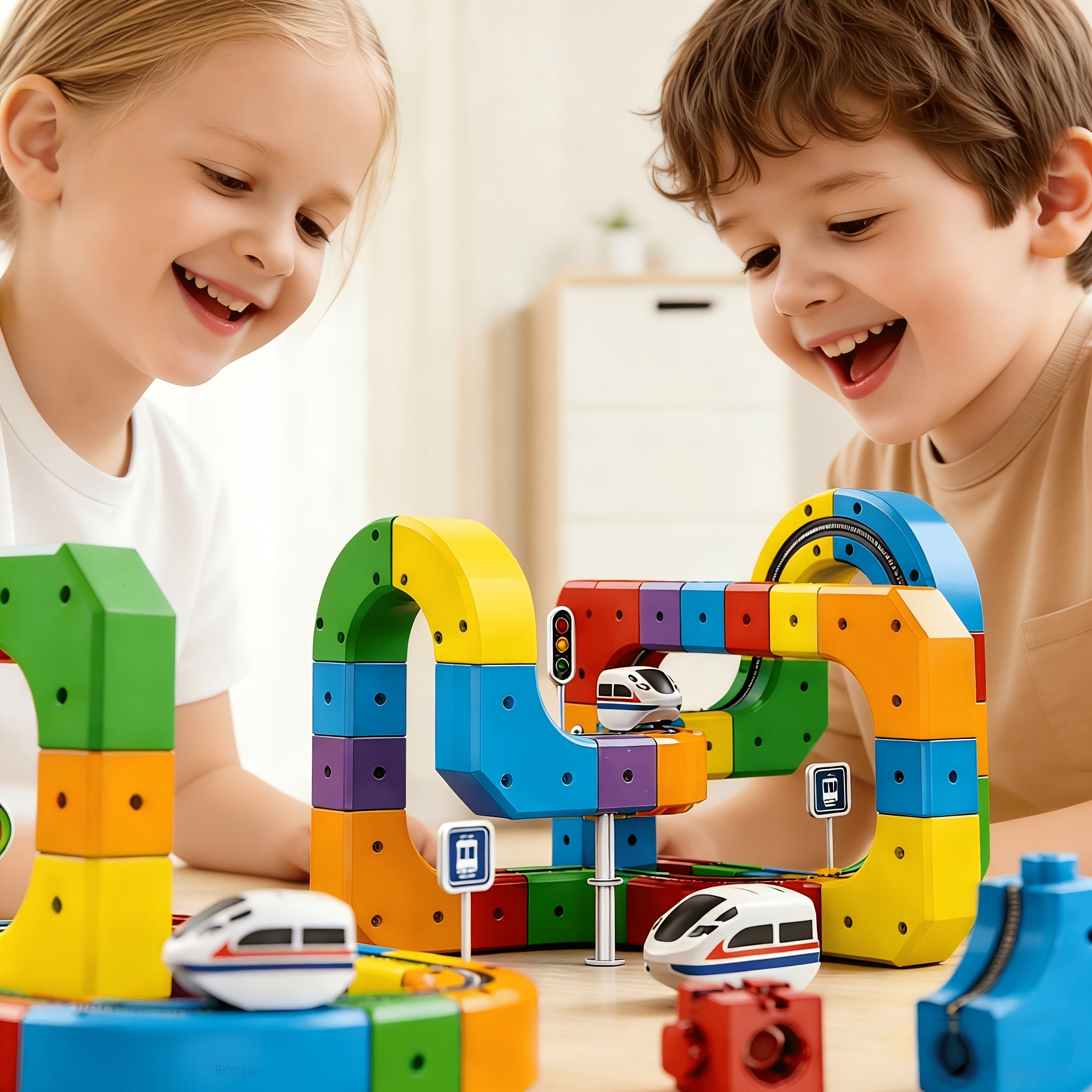 3D Gravity Magic Track Train Set DIY Deformable Racing Track STEM Building Toy with Blocks Traffic Lights for Kids Ages 3 4 5 Indoor Outdoor Birthday Gift