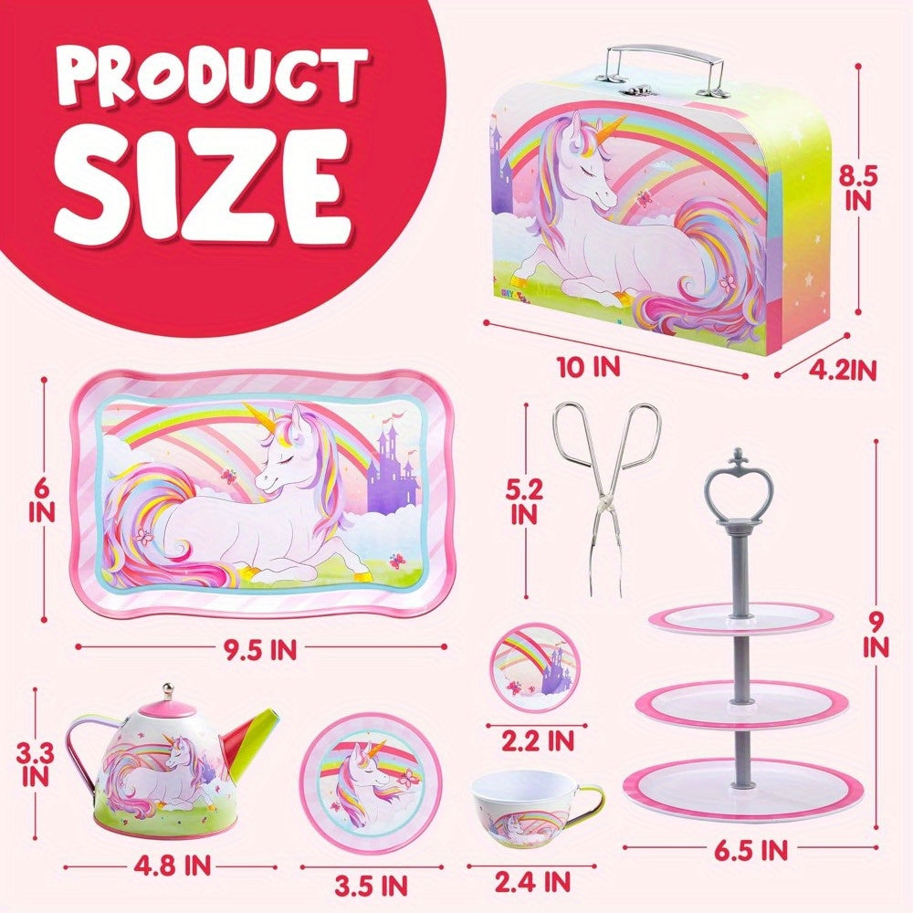 Unicorn Tea Party Set for Girls 35 Piece Tin Teapot Cups Plates Desserts Cake Stand Carrying Case Princess Pretend Play Kitchen Toy Kids Age 3+ Birthday Easter Christmas Gift