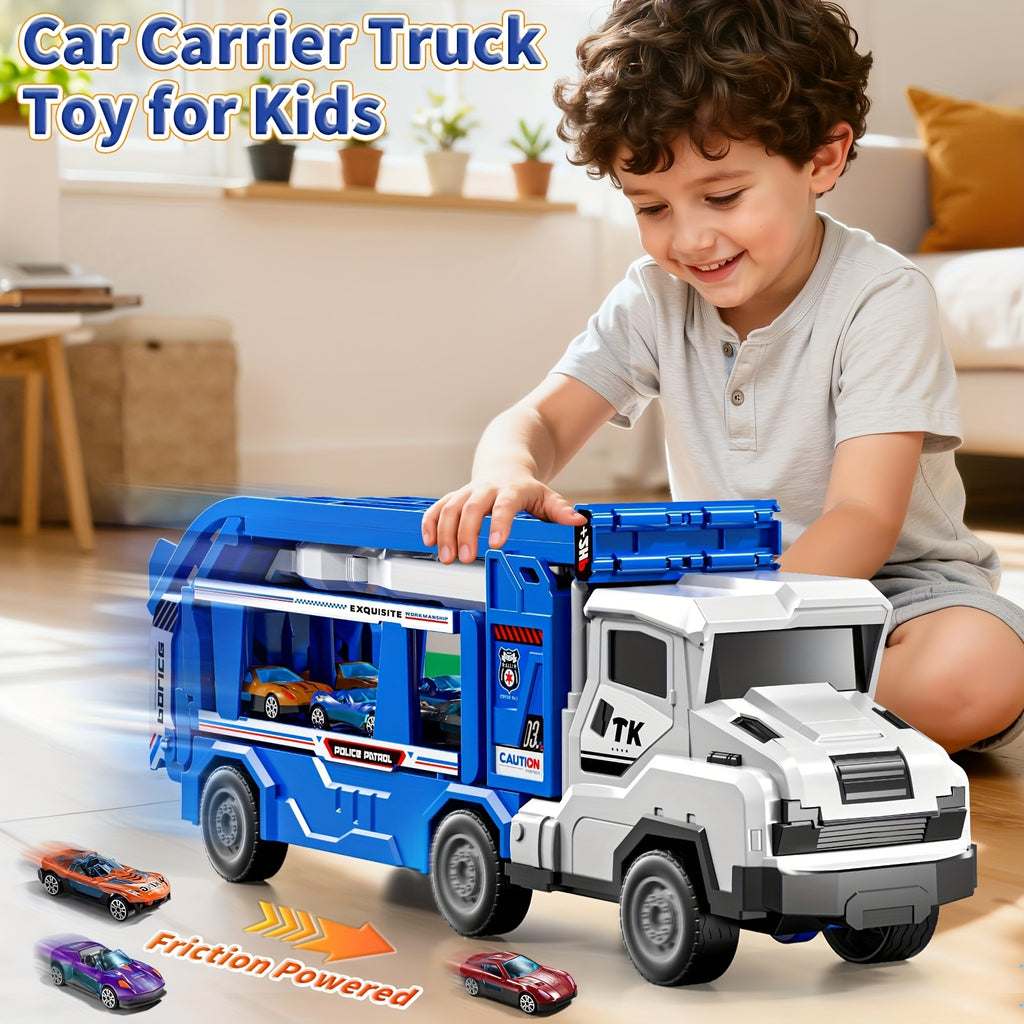 3-in-1 Kids Carrier Truck Toy with Car Tracks, 12 Racing Cars, Foldable Race Track & Garage – Toddler Birthday Gift for Boys Girls Ages 3+, Blue