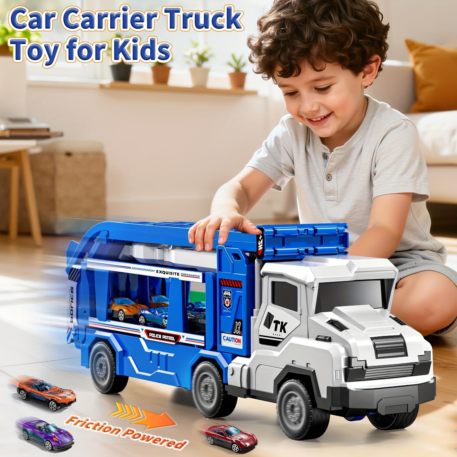 3-in-1 Kids Carrier Truck Toy with Car Tracks, 12 Racing Cars, Foldable Race Track & Garage – Toddler Birthday Gift for Boys Girls Ages 3+, Blue
