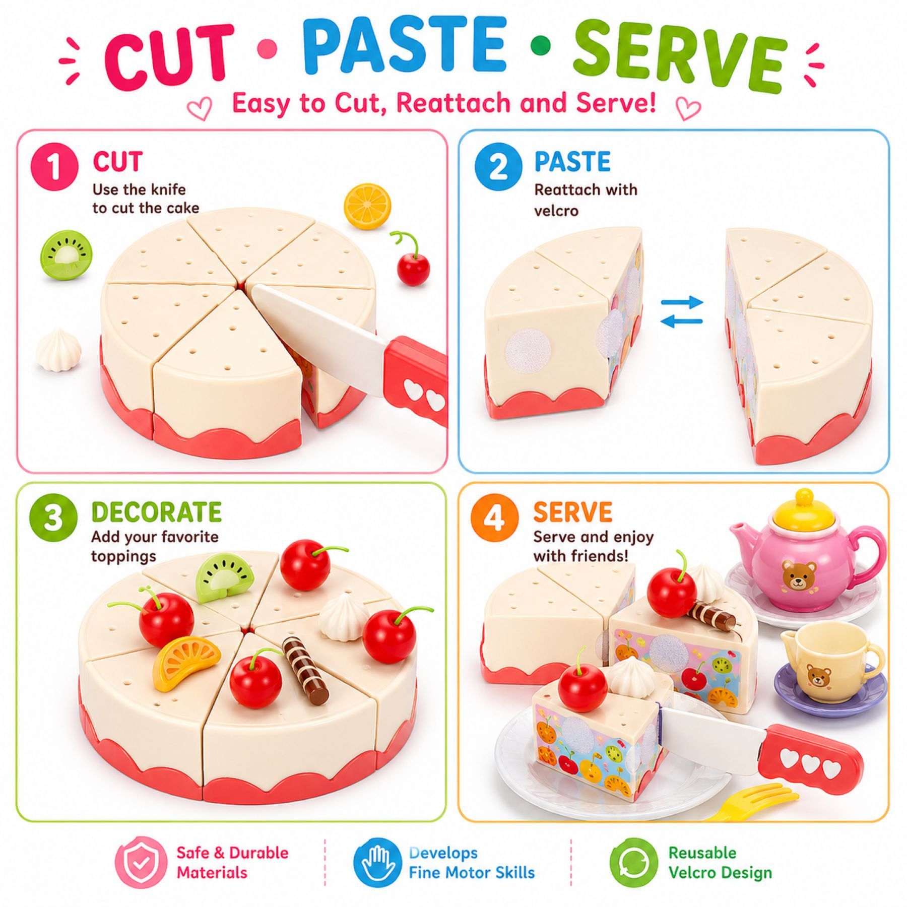 Birthday Cake Tea Party Play Food Toy Set Kids Pretend Play Cake Decorating Dessert Accessories 75-85pcs Girls Ages 3+