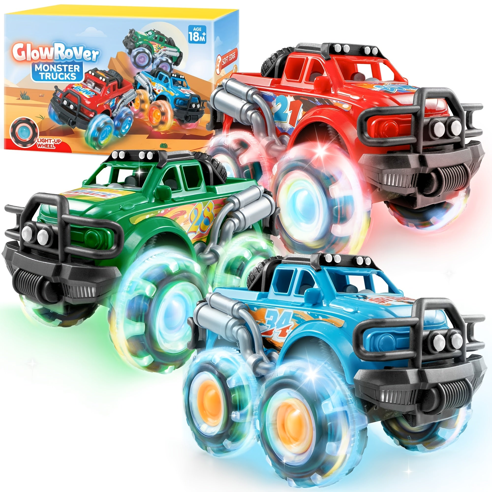 3-Pack Monster Truck Toys with Flashing LED Wheels – Friction-Powered Light-Up Cars for Toddlers, Easter, Christmas & Birthday Gift for Boys & Girls