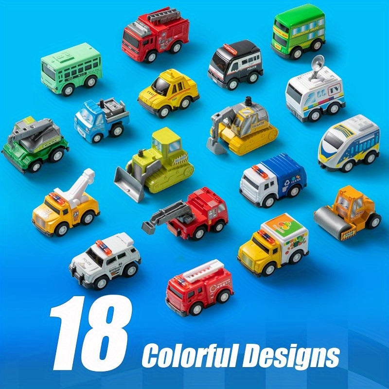 18-Piece Pull Back Cars and Trucks Toy Set for Kids Ages 3+ Friction Powered Mini City Vehicles Party Favors Easter Christmas Gift Boys Girls
