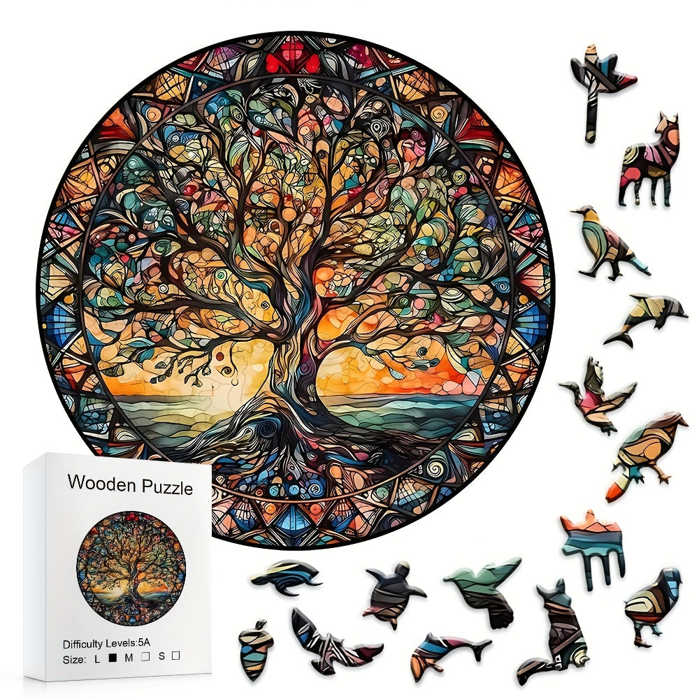 501-Piece Wooden Jigsaw Puzzle - Tree of Life with Animals & Aliens, Wooden Box Brain Teaser Game, Room Decoration & Educational Gift for Christmas Halloween Birthday