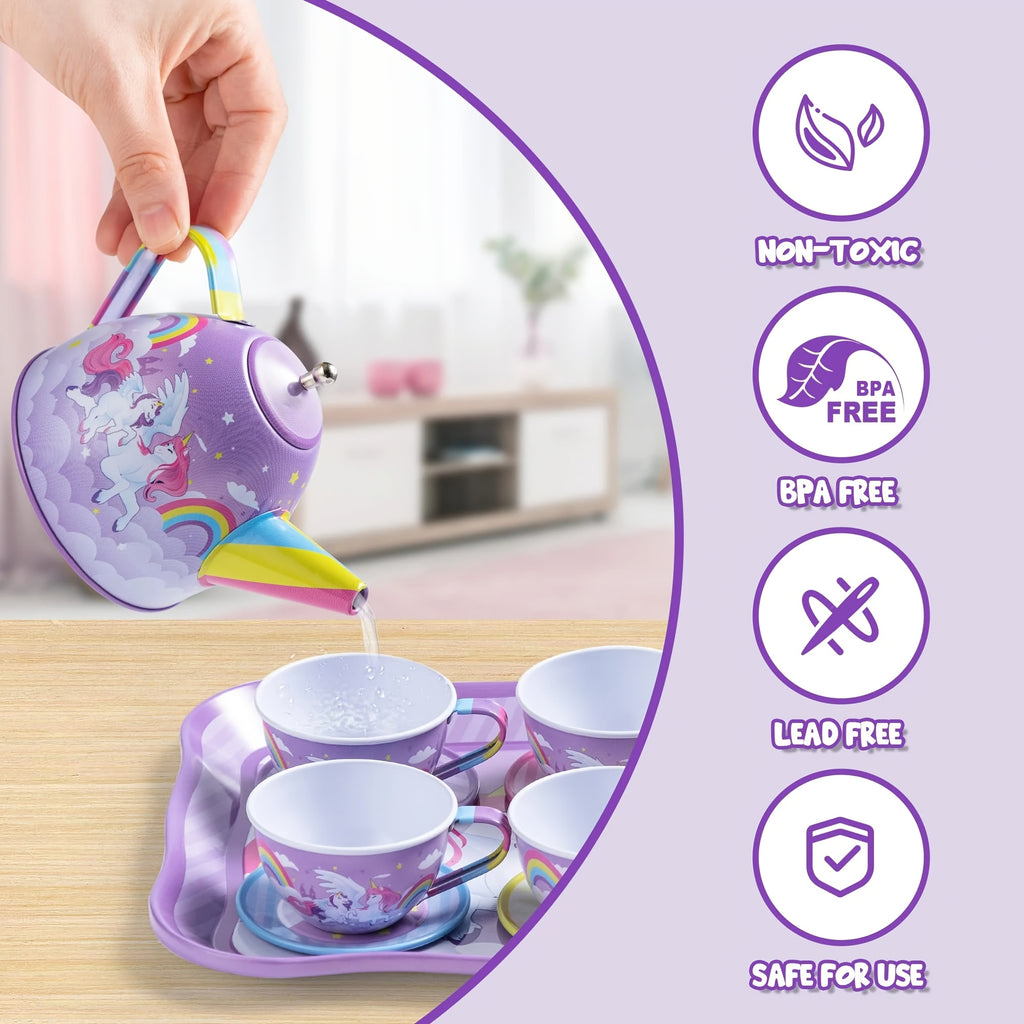 Unicorn Tea Party Set for Girls, Purple Tin Teapot Cups & Plates Pretend Play Kitchen Toy, Birthday Easter Gift for Toddlers Girls Ages 3+