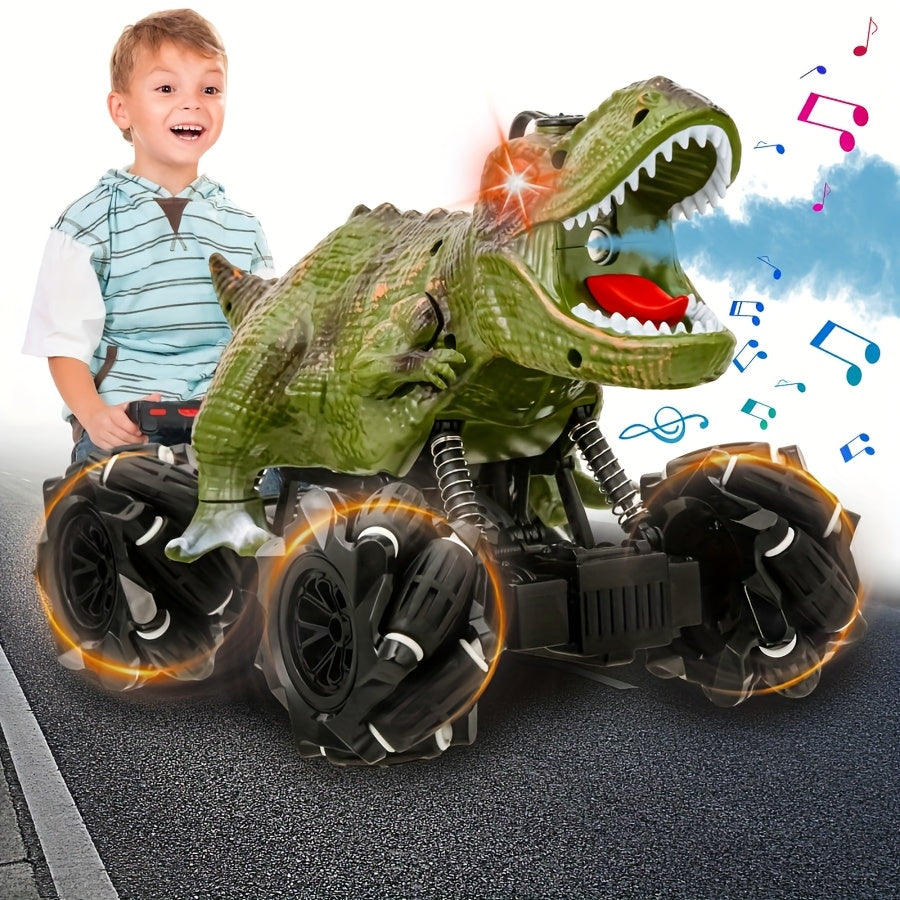 4WD Dinosaur Monster Truck RC Car with LED Lights Music & Ergonomic Handle - 2.4GHz All-Terrain Off-Road Remote Control Stunt Car Large Tires for Kids Boys Girls Birthday Gift