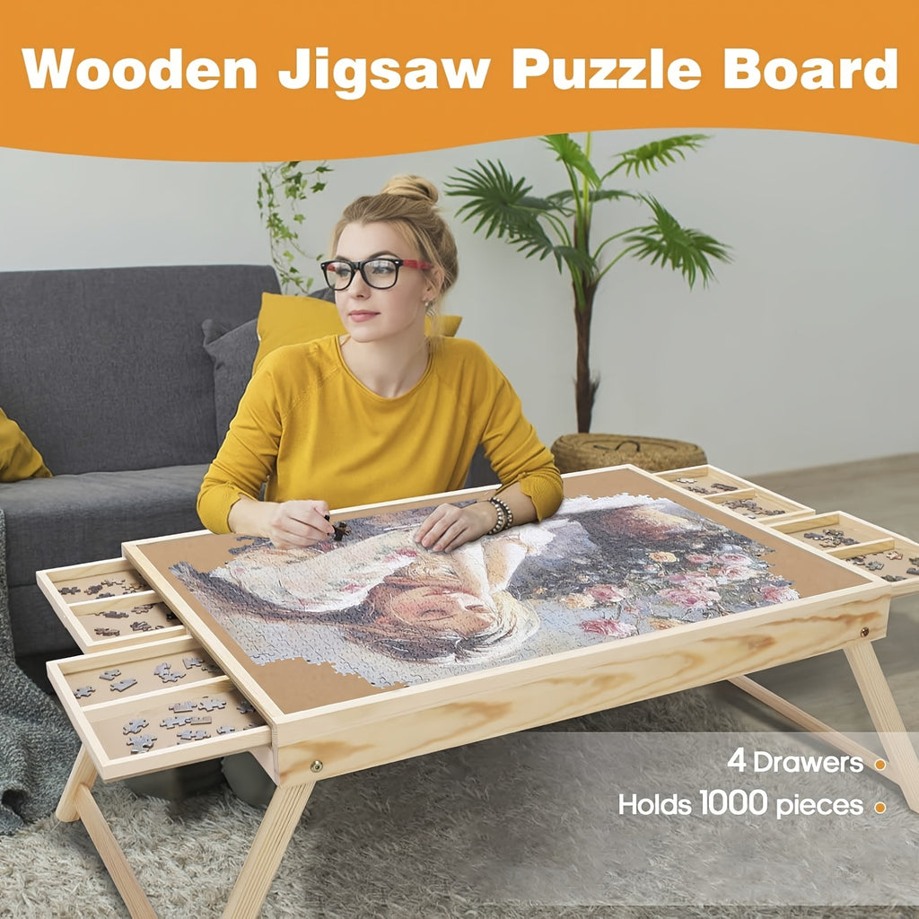 Wooden Puzzle Table Folding Legs 4 Drawers 16 Sorting Grids Portable 1000 Piece Jigsaw Puzzle Board Storage Organizer for Adults Kids School Supplies Gift