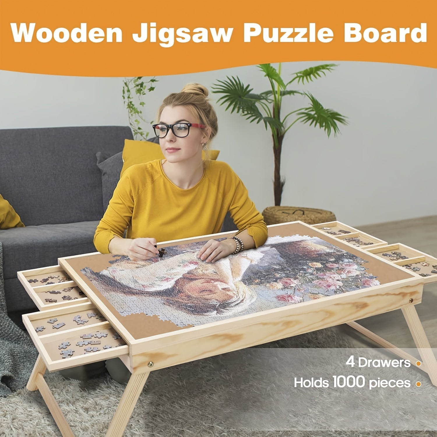 Wooden Puzzle Table Folding Legs 4 Drawers 16 Sorting Grids Portable 1000 Piece Jigsaw Puzzle Board Storage Organizer for Adults Kids School Supplies Gift