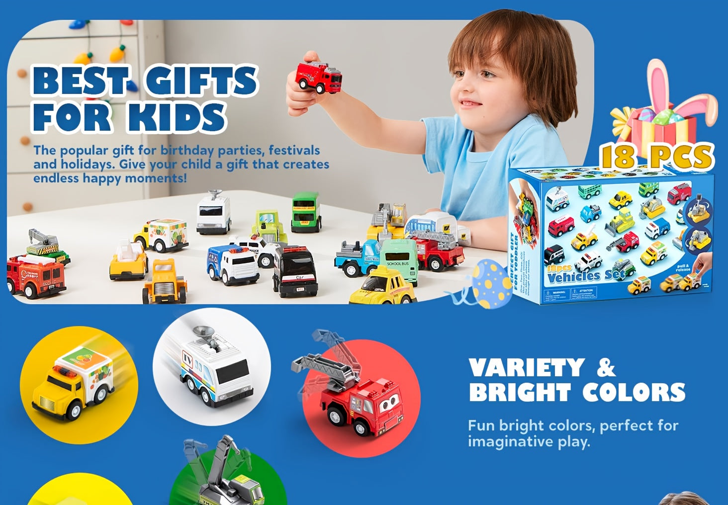 18-Piece Pull Back Cars and Trucks Toy Set for Kids Ages 3+ Friction Powered Mini City Vehicles Party Favors Easter Christmas Gift Boys Girls
