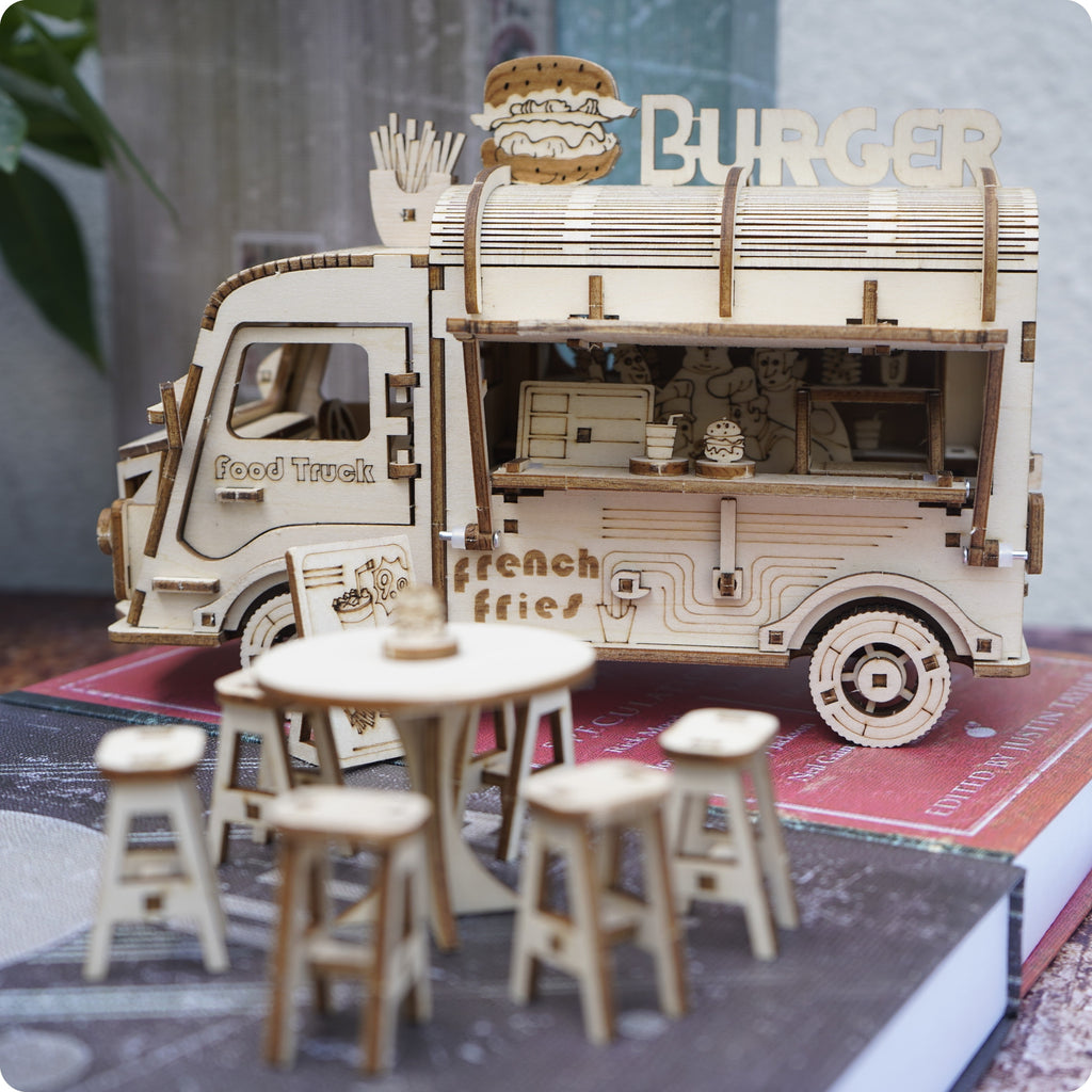 3D Wooden Puzzle Fast Food Truck Model Kit Basswood DIY Assembly Building Toy, Creative Wood Craft Gift for Adults Teens Kids, Christmas Halloween Birthday Present