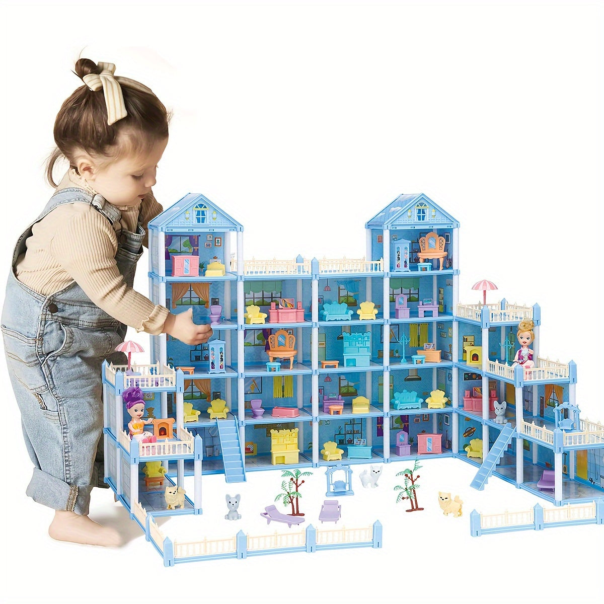 Dollhouse Princess Castle with Furniture – 11 to 27 Room Doll Villa Play Set for Girls Logical Thinking Toy Birthday Christmas Gift Kids Ages 3+ Pink Blue