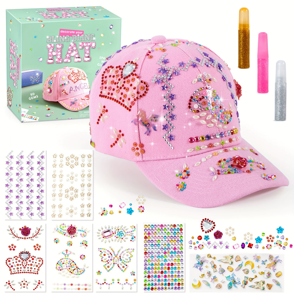 Decorate Your Own Pink Baseball Cap Kit with 7 Sheets Gem Stickers & Glitter Glue DIY Art Craft Toy Creative Gift for Girls Ages 6+
