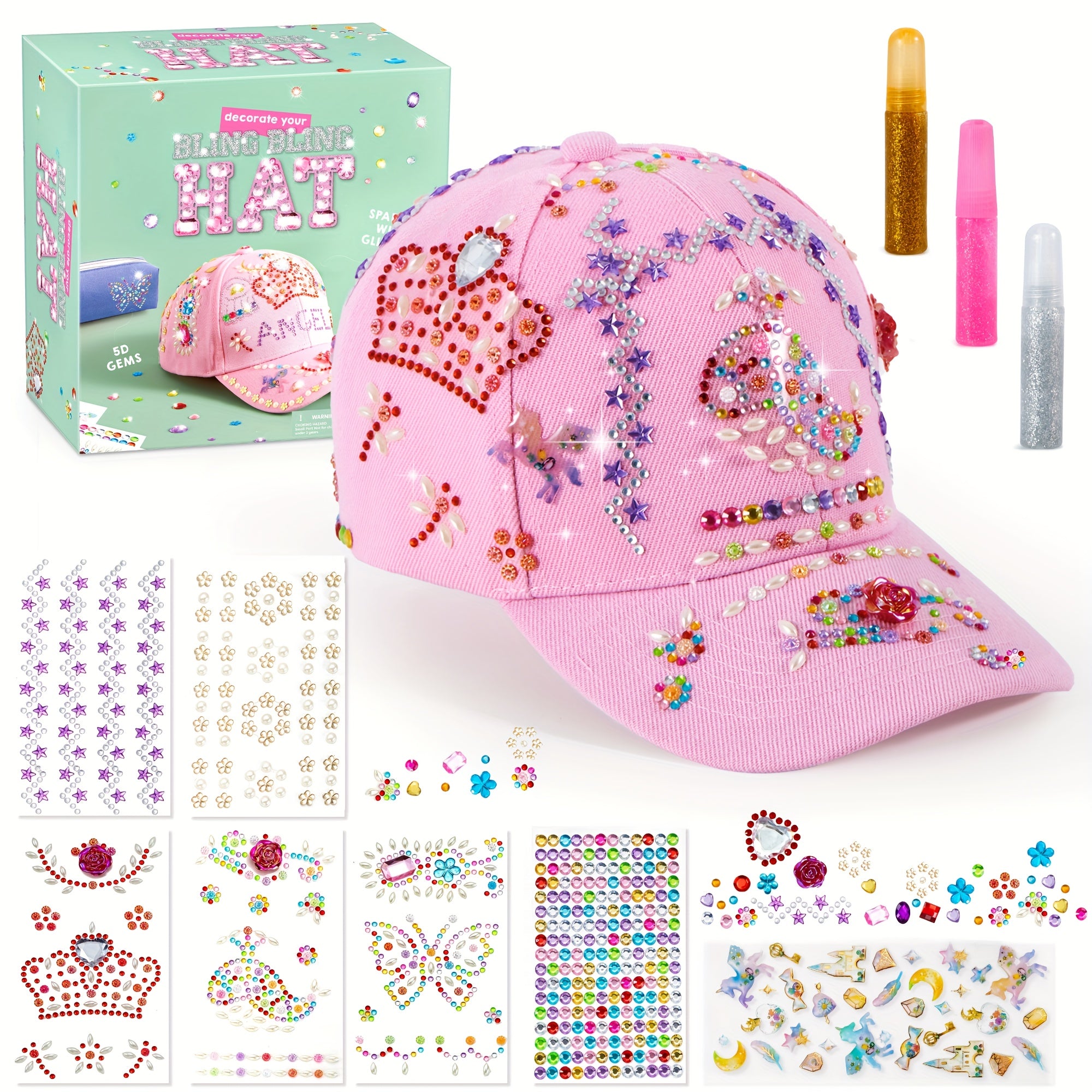 Decorate Your Own Pink Baseball Cap Kit with 7 Sheets Gem Stickers & Glitter Glue DIY Art Craft Toy Creative Gift for Girls Ages 6+