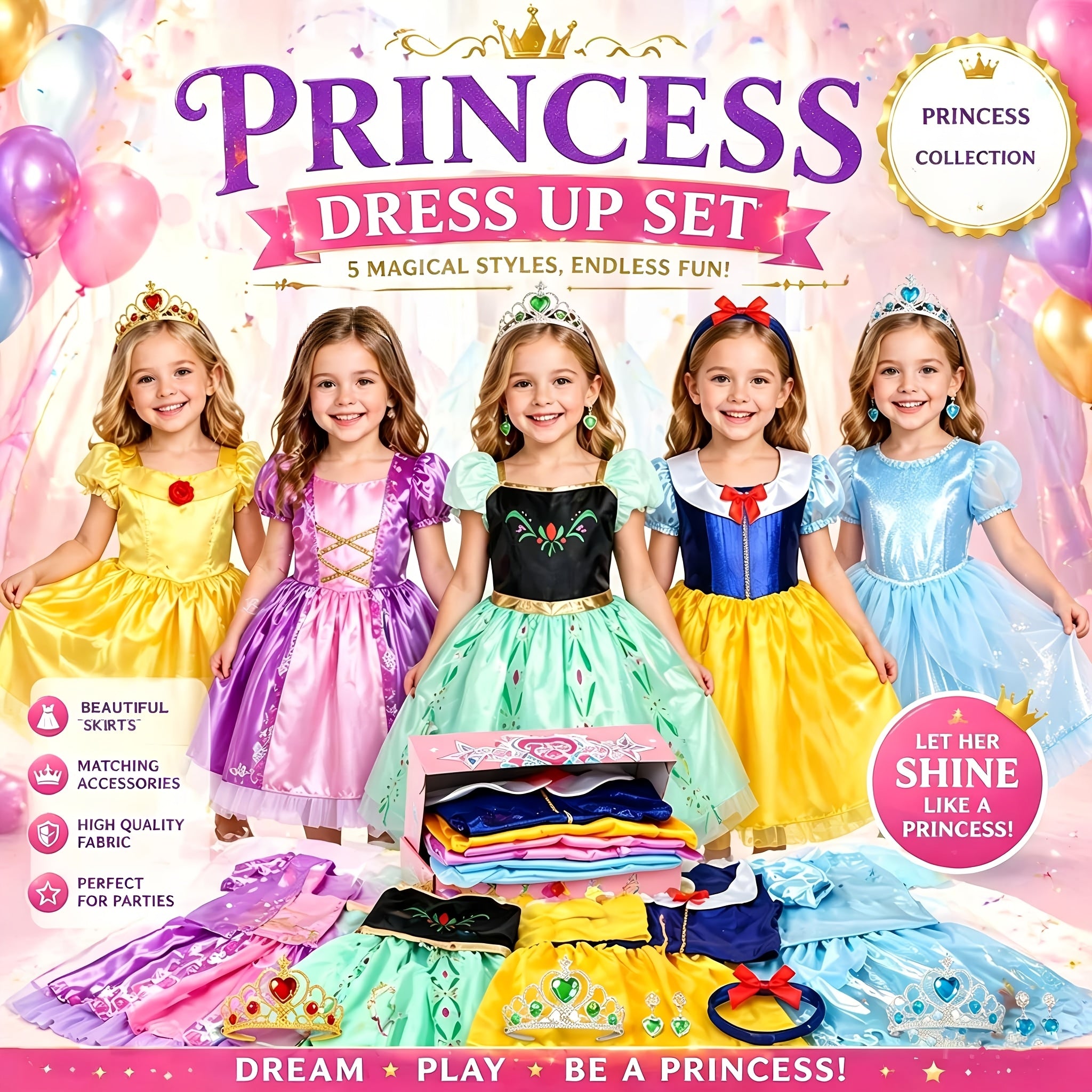 Princess Dress Up Costume Set for Girls 14-Piece, 5 Outfits with Crowns Earrings & Storage Box, Birthday Halloween Gift for Girls Ages 3-6