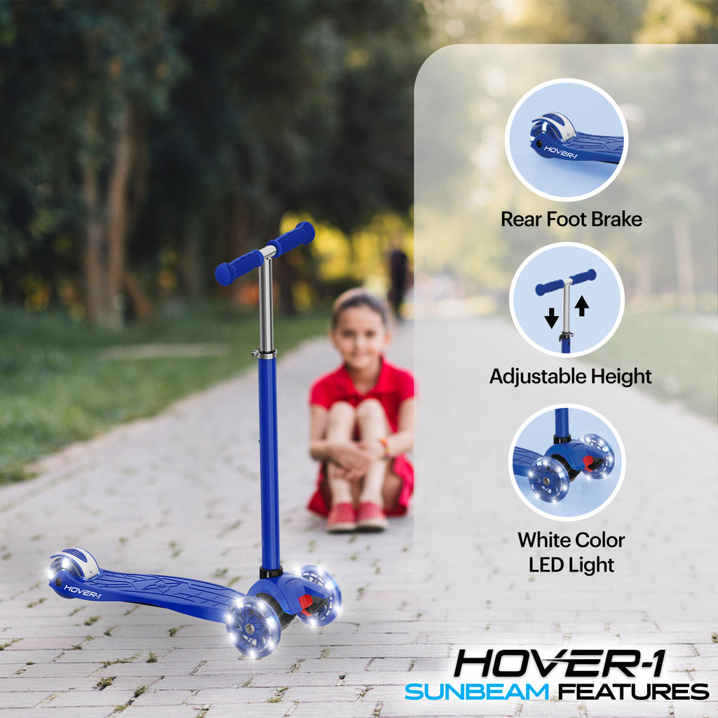 Hover-1 Sunbeam Kids Kick Scooter with Multicolor LED Wheel Lights – 3-Wheel Adjustable Height, 110 lb Capacity, Rear Foot Brake for Boys & Girls